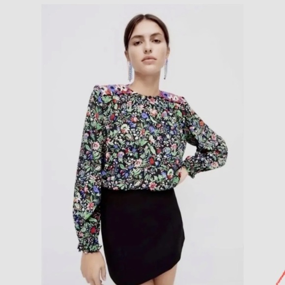 Zara Floral Top with Shoulder Pads Small - Picture 6 of 7